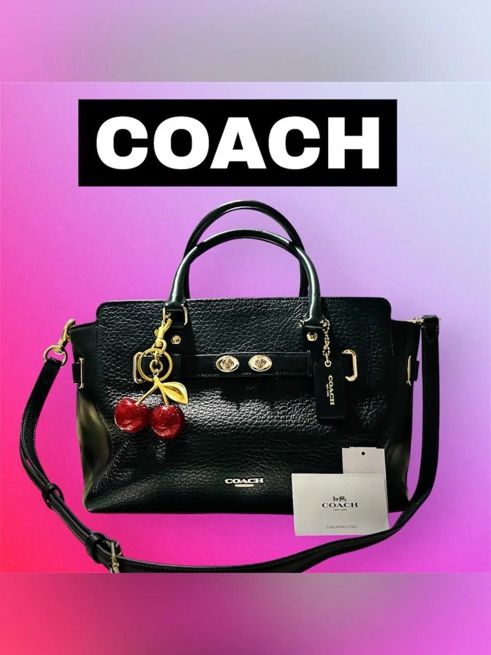 Coach Black Pebbled Leather Satchel with Cherry Charm and Gold Hardware